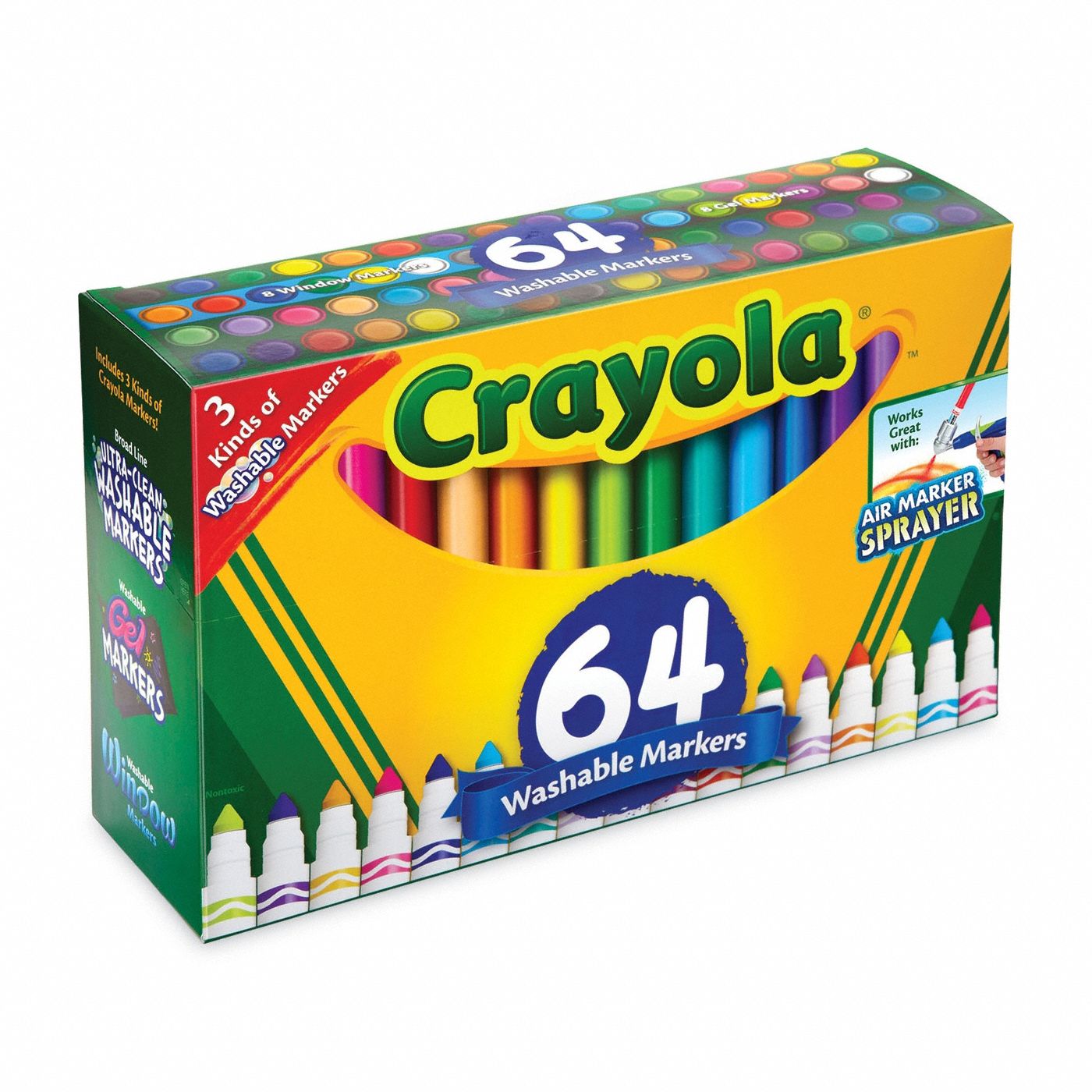 Art Marker Set: Bullet, Capped, Std, Washable, Toxic, 64 per Pack, Assorted, Not Waterproof