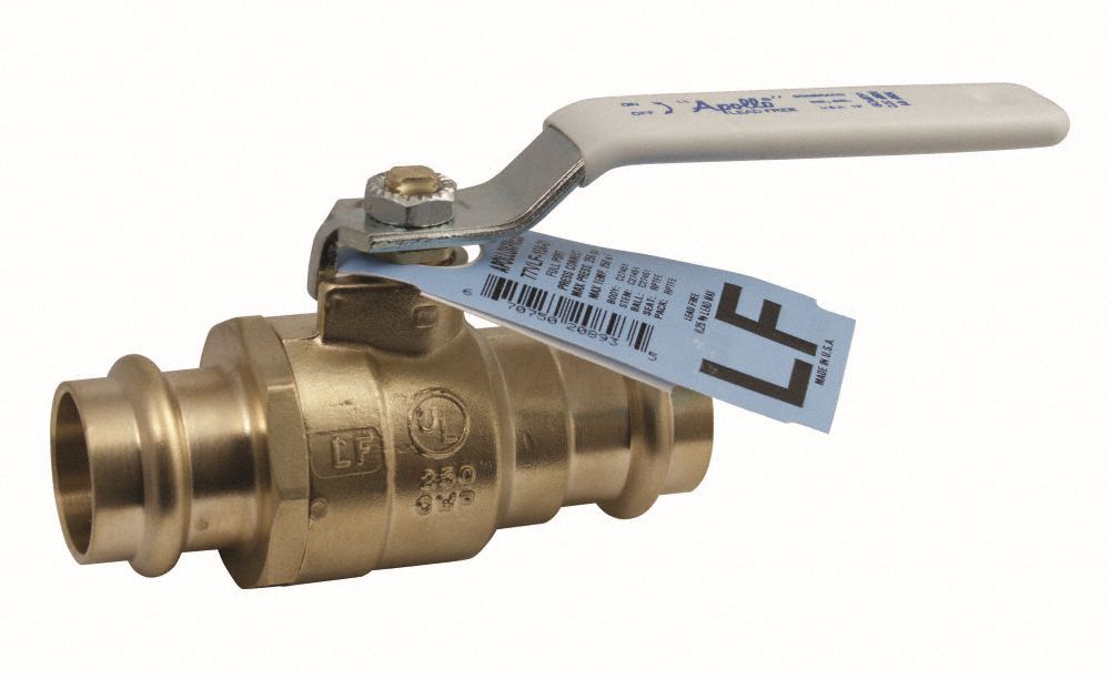 Ball Valve: 2 1/2 in, Brass, Straight, Press x Press, 300 psig Max. Pressure (CWP), Two-Piece