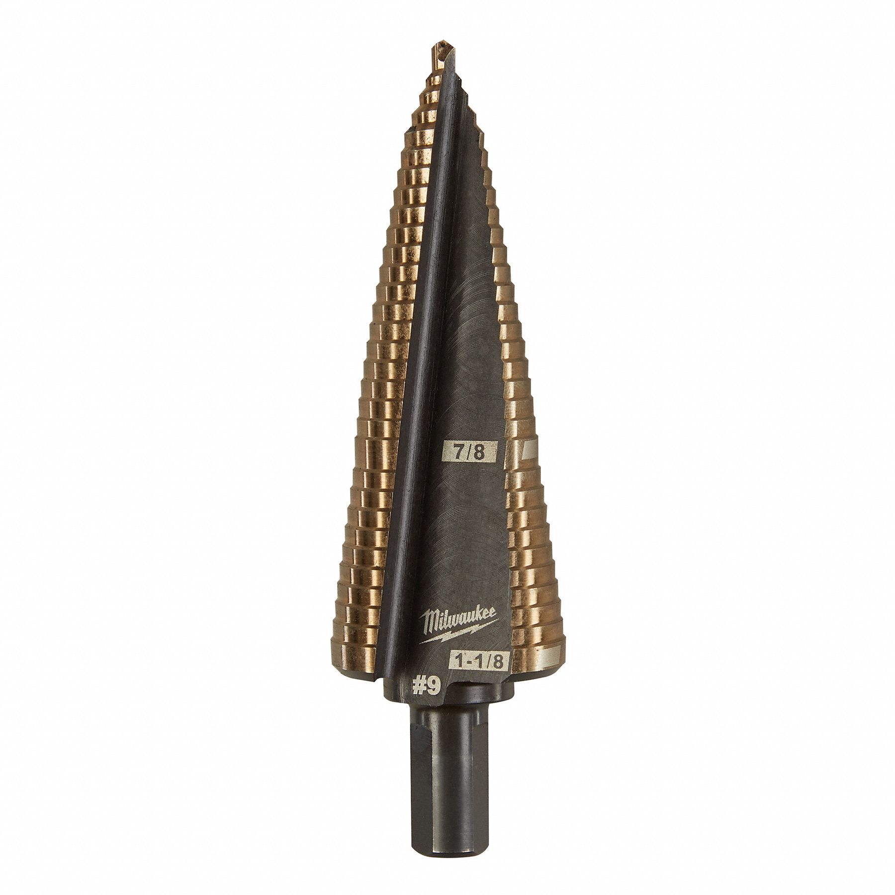 STEP DRILL BIT, 2 HOLE SIZES, ⅞ IN TO 1⅛ IN, ¾ IN STEP INCREMENTS, HEX SHANK, COBALT