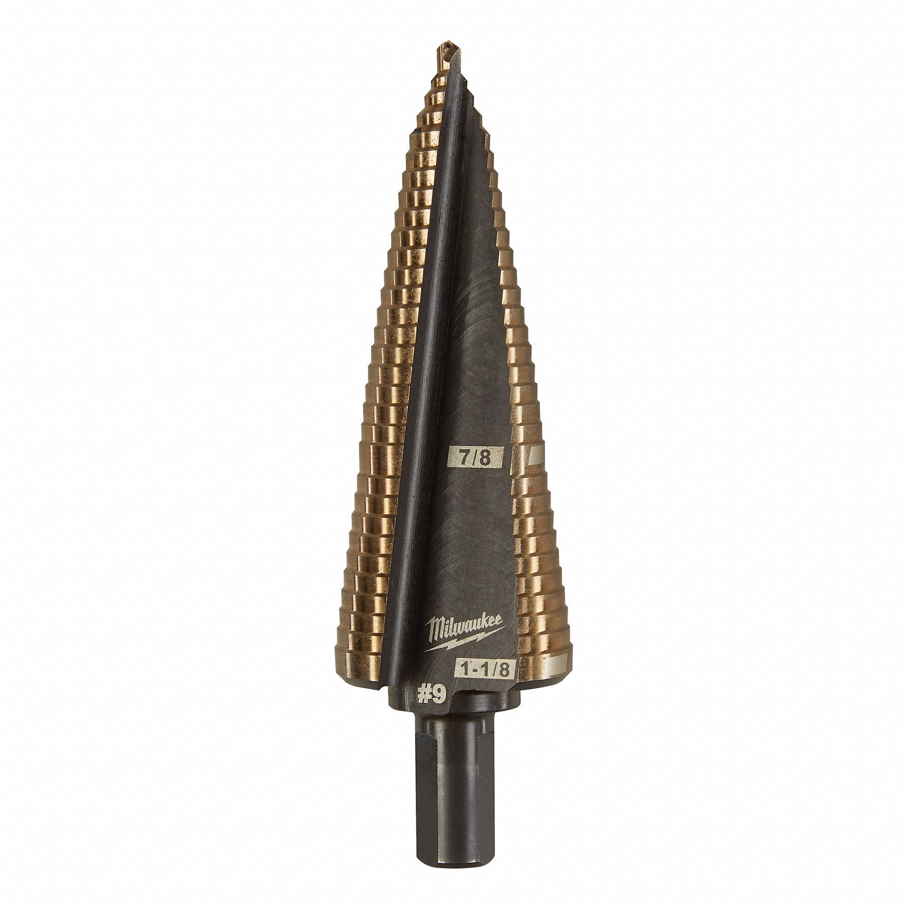 Step Drill Bit: 7/8" to 1-1/8", Cobalt, 3-Flats Shank