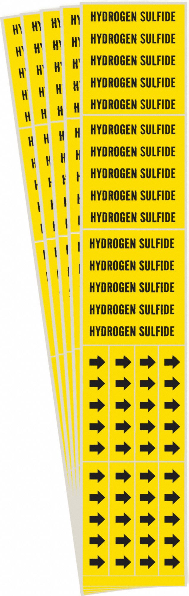 Pipe Marker: Hydrogen Sulfide, Yellow, Black, Fits 3/4 in and Smaller Pipe O.D., With Arrows, 5 PK