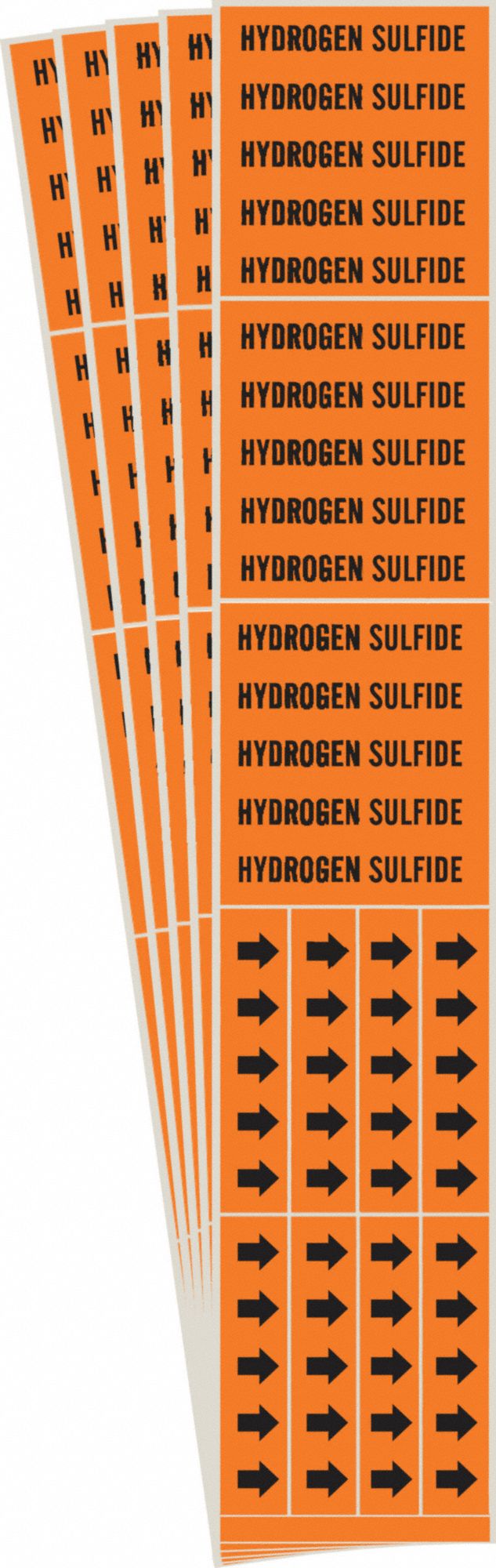 Pipe Marker: Hydrogen Sulfide, Orange, Black, Fits 3/4 in and Smaller Pipe O.D., With Arrows, 5 PK