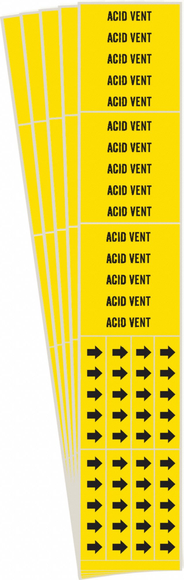 Pipe Marker: Acid Vent, Yellow, Black, Fits 3/4 in and Smaller Pipe O.D., 3 Pipe Markers, 5 PK