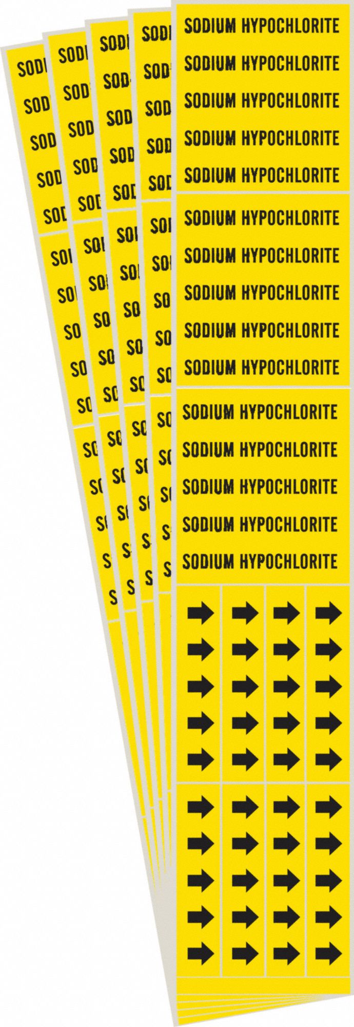 Pipe Marker: Sodium Hypochlorite, Yellow, Black, Fits 3/4 in and Smaller Pipe O.D., 5 PK