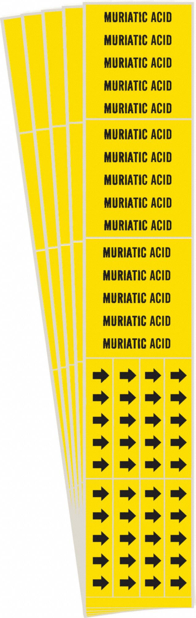 Pipe Marker: Muriatic Acid, Yellow, Black, Fits 3/4 in and Smaller Pipe O.D., 3 Pipe Markers, 5 PK