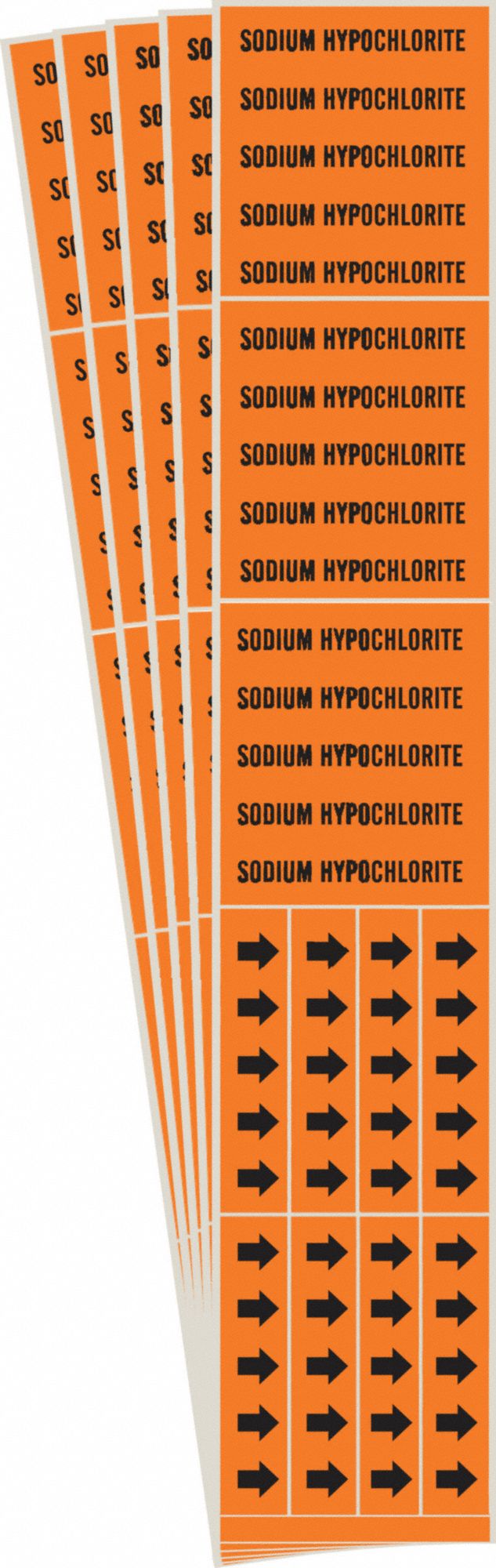 Pipe Marker: Sodium Hypochlorite, Orange, Black, Fits 3/4 in and Smaller Pipe O.D., 5 PK