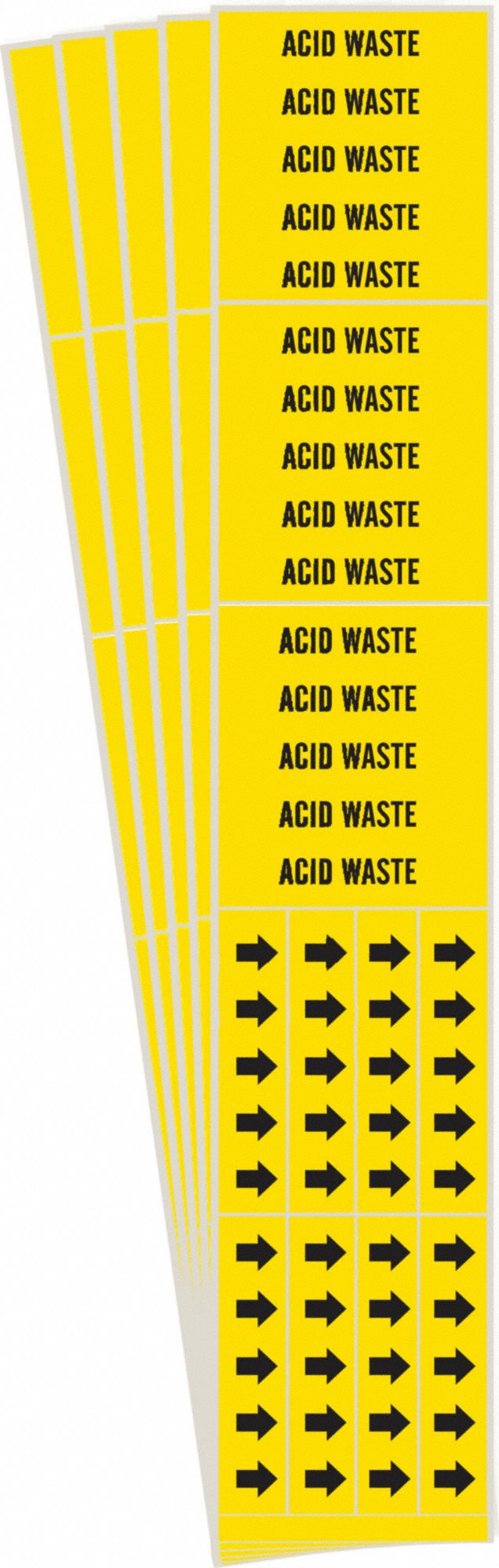 Pipe Marker: Acid Waste, Yellow, Black, Fits 3/4 in and Smaller Pipe O.D., 3 Pipe Markers, 5 PK