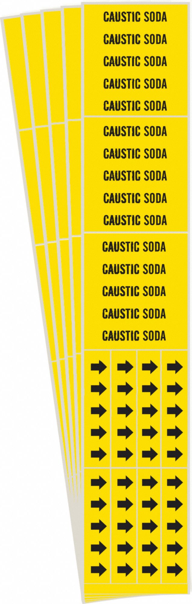 Pipe Marker: Caustic Soda, Yellow, Black, Fits 3/4 in and Smaller Pipe O.D., 3 Pipe Markers, 5 PK