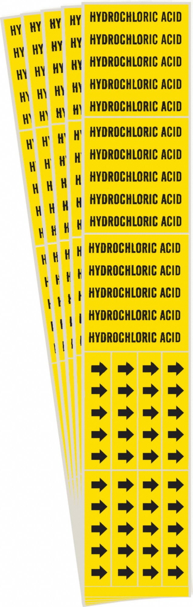 Pipe Marker: Hydrochloric Acid, Yellow, Black, Fits 3/4 in and Smaller Pipe O.D., With Arrows, 5 PK