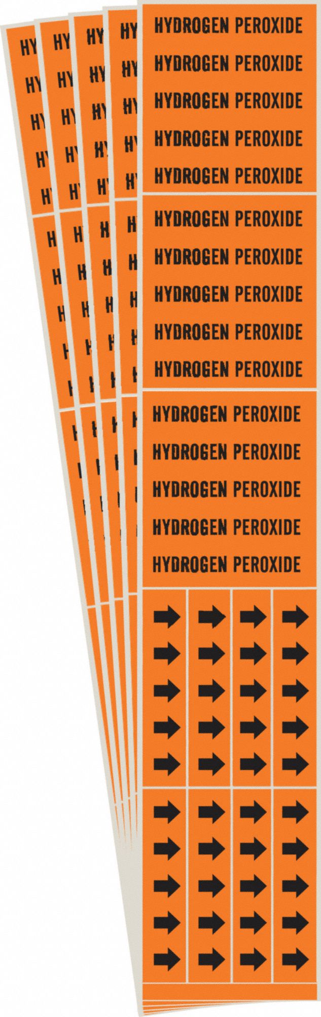 Pipe Marker: Hydrogen Peroxide, Orange, Black, Fits 3/4 in and Smaller Pipe O.D., With Arrows, 5 PK