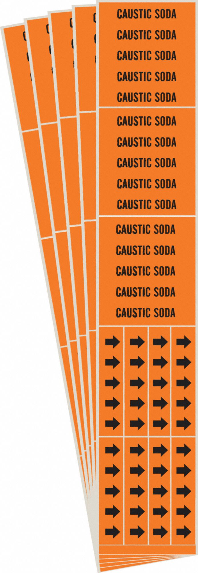 Pipe Marker: Caustic Soda, Orange, Black, Fits 3/4 in and Smaller Pipe O.D., 3 Pipe Markers, 5 PK