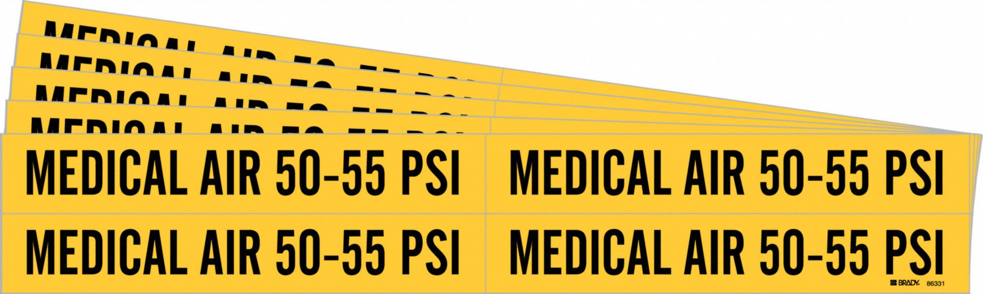 Pipe Marker: Medical Air 50-55 PSI, Yellow, Black, Fits 3/4 to 2 3/8 in Pipe O.D., 5 PK