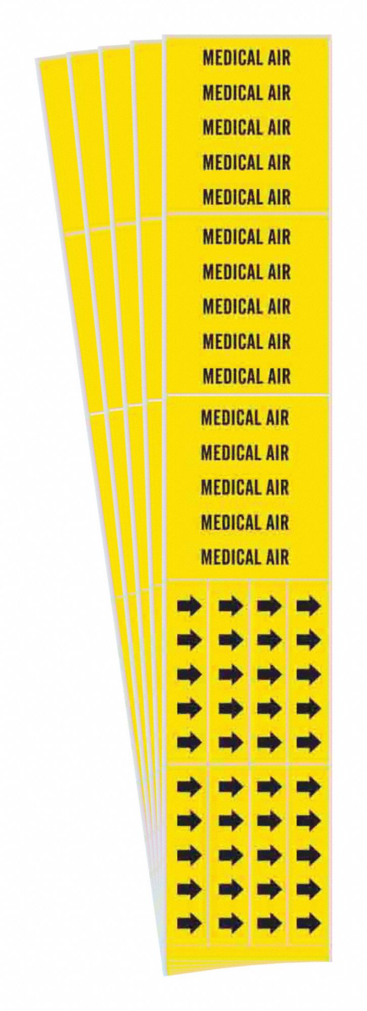 Pipe Marker: Medical Air, Yellow, Black, Fits 3/4 in and Smaller Pipe O.D., 3 Pipe Markers, 5 PK