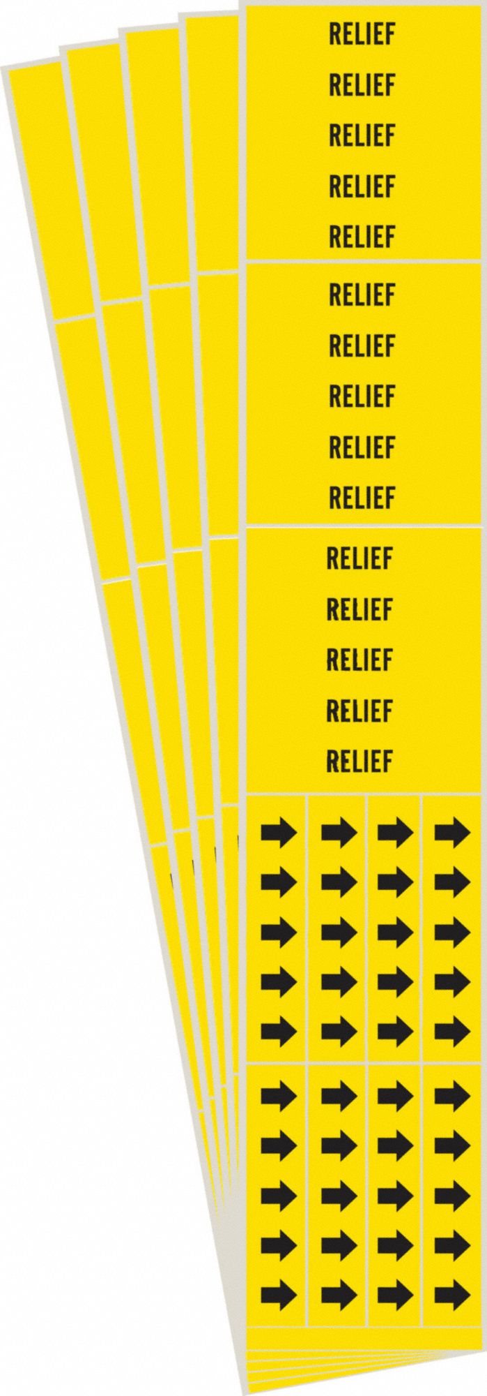 Pipe Marker: Relief, Yellow, Black, Fits 3/4 in and Smaller Pipe O.D., 3 Pipe Markers, 5 PK