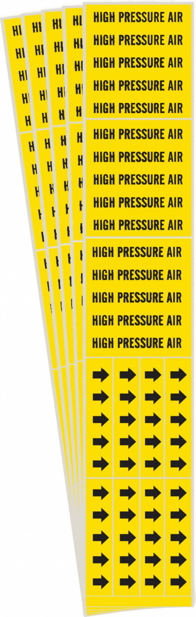 Pipe Marker: High Pressure Air, Yellow, Black, Fits 3/4 in and Smaller Pipe O.D., With Arrows, 5 PK