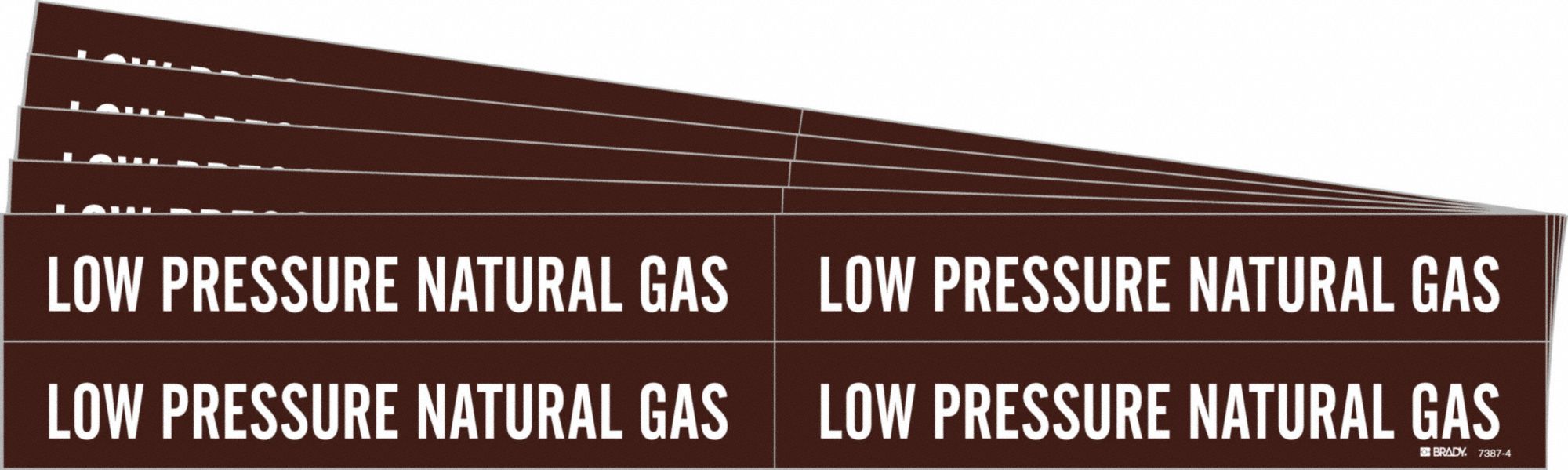 Pipe Marker: Low Pressure Natural Gas, Brown, White, Fits 3/4 to 2 3/8 in Pipe O.D., 5 PK