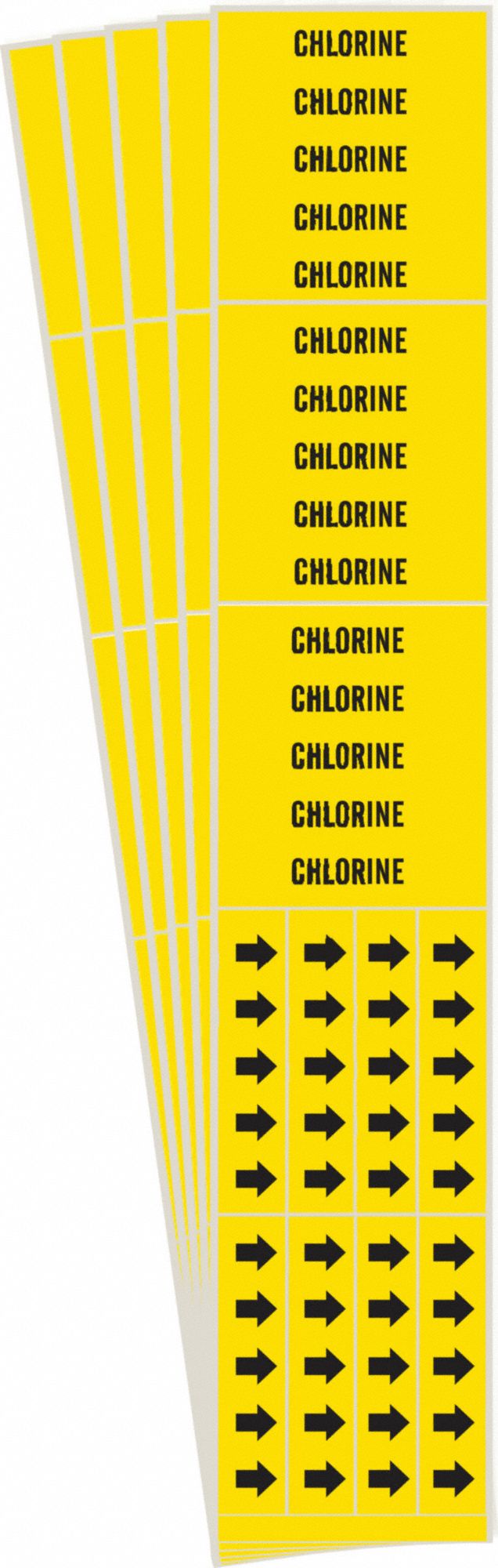 Pipe Marker: Chlorine, Yellow, Black, Fits 3/4 in and Smaller Pipe O.D., 3 Pipe Markers, 5 PK