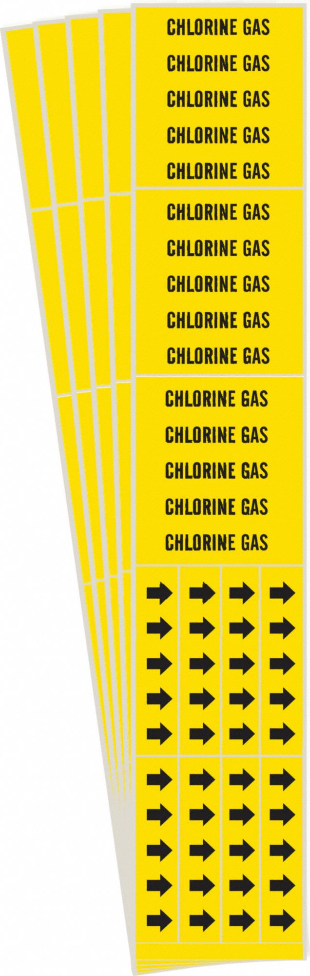 Pipe Marker: Chlorine Gas, Yellow, Black, Fits 3/4 in and Smaller Pipe O.D., 3 Pipe Markers, 5 PK