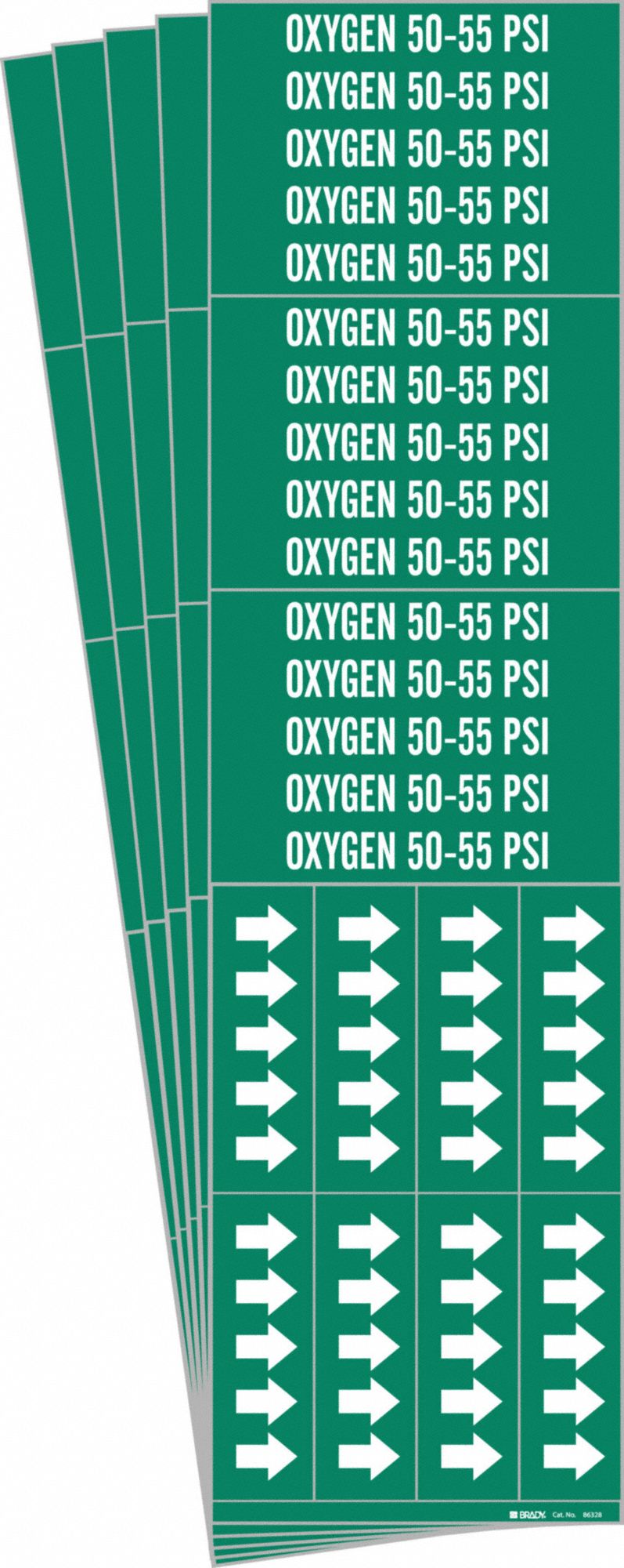 Pipe Marker: Oxygen 50-55 PSI, Green, White, Fits 3/4 in and Smaller Pipe O.D., 3 Pipe Markers, 5 PK