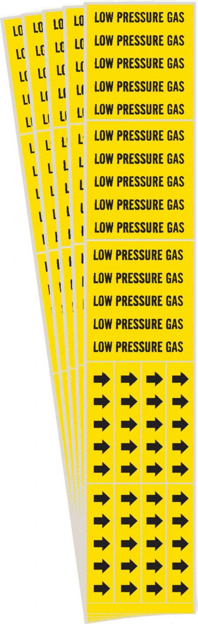 Pipe Marker: Low Pressure Gas, Yellow, Black, Fits 3/4 in and Smaller Pipe O.D., With Arrows, 5 PK