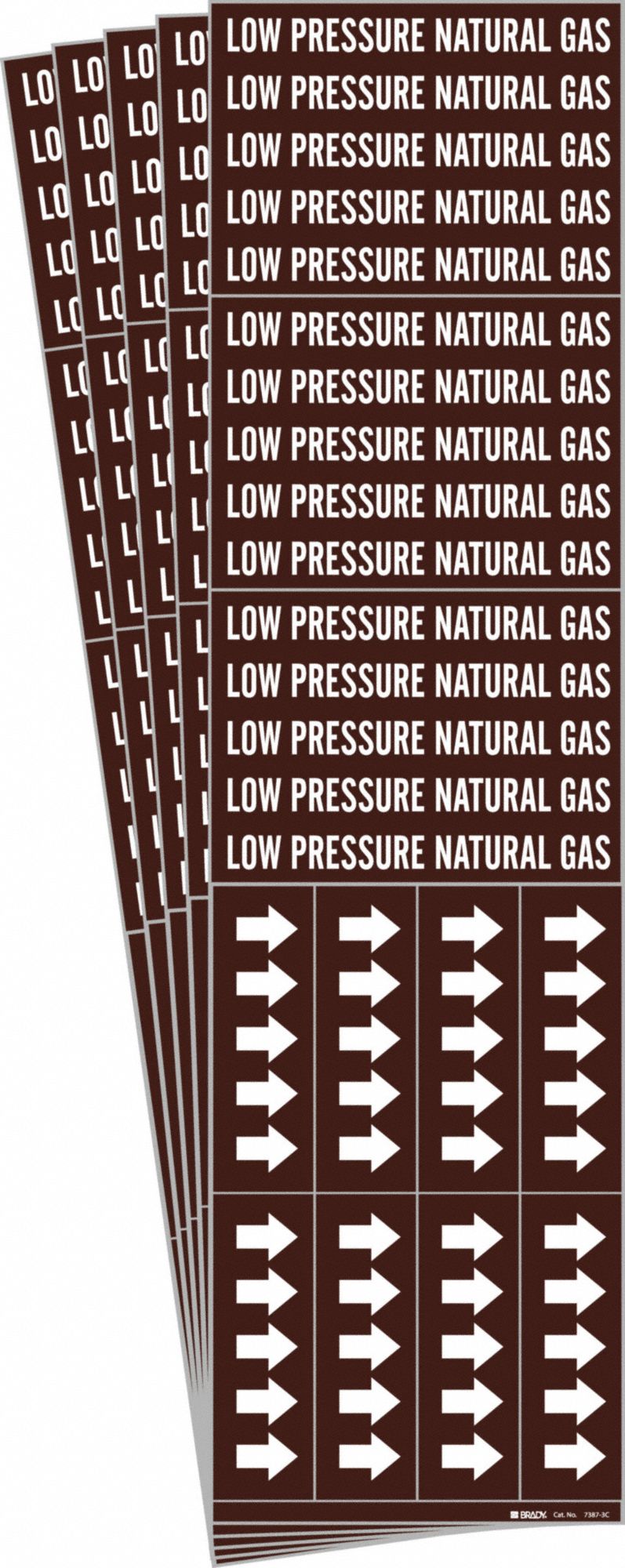 Pipe Marker: Low Pressure Natural Gas, Brown, White, Fits 3/4 in and Smaller Pipe O.D., 5 PK