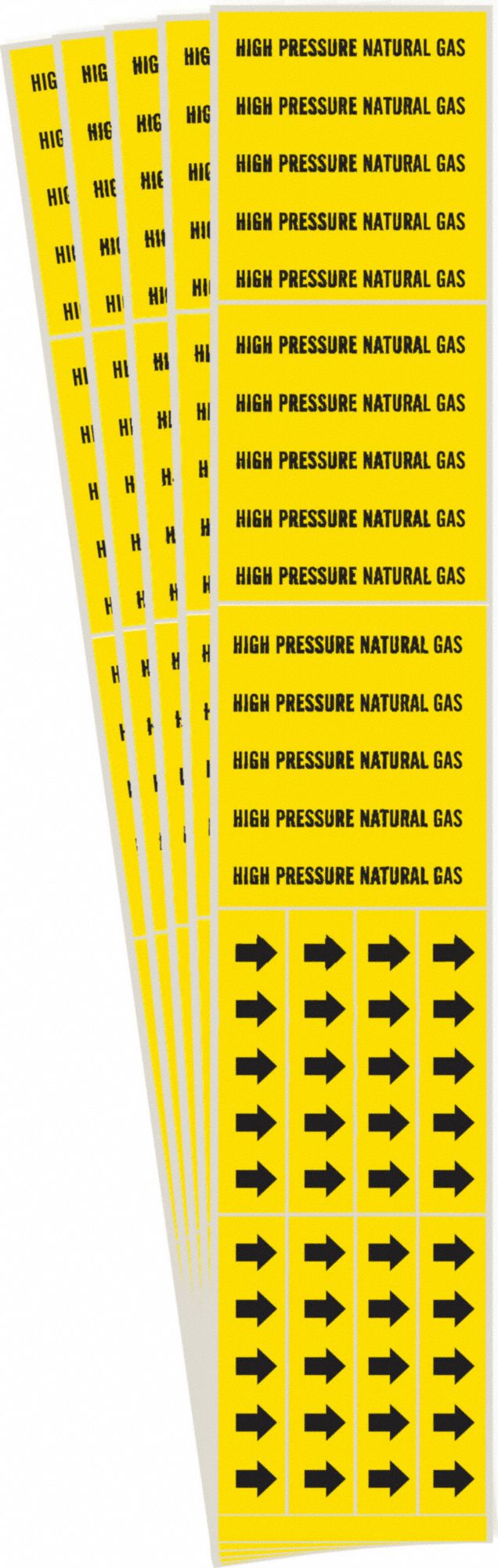 Pipe Marker: High Pressure Natural Gas, Yellow, Black, Fits 3/4 in and Smaller Pipe O.D., 5 PK