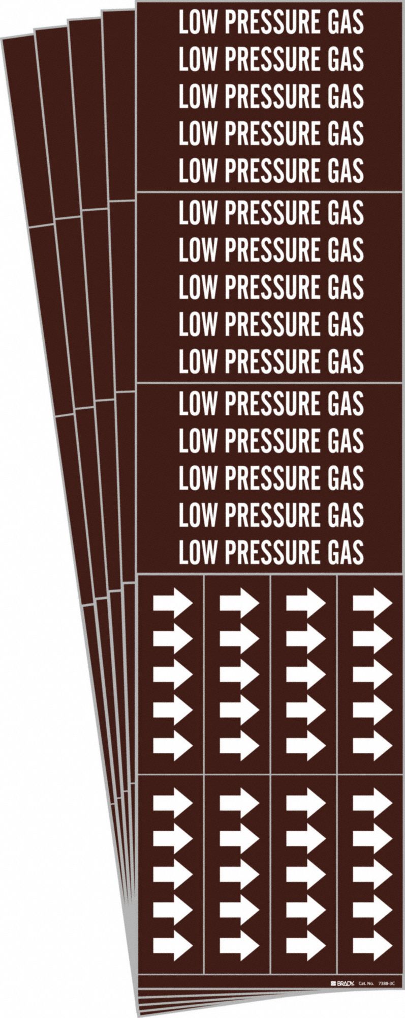 Pipe Marker: Low Pressure Gas, Brown, White, Fits 3/4 in and Smaller Pipe O.D., 3 Pipe Markers, 5 PK