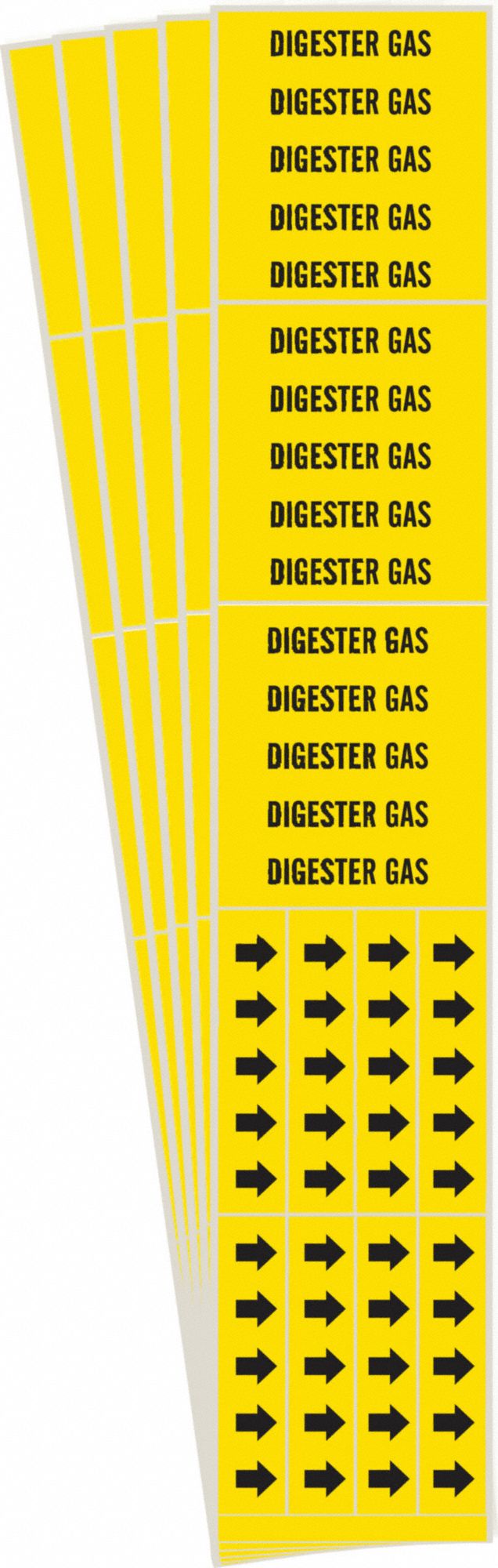 Pipe Marker: Digester Gas, Yellow, Black, Fits 3/4 in and Smaller Pipe O.D., 3 Pipe Markers, 5 PK