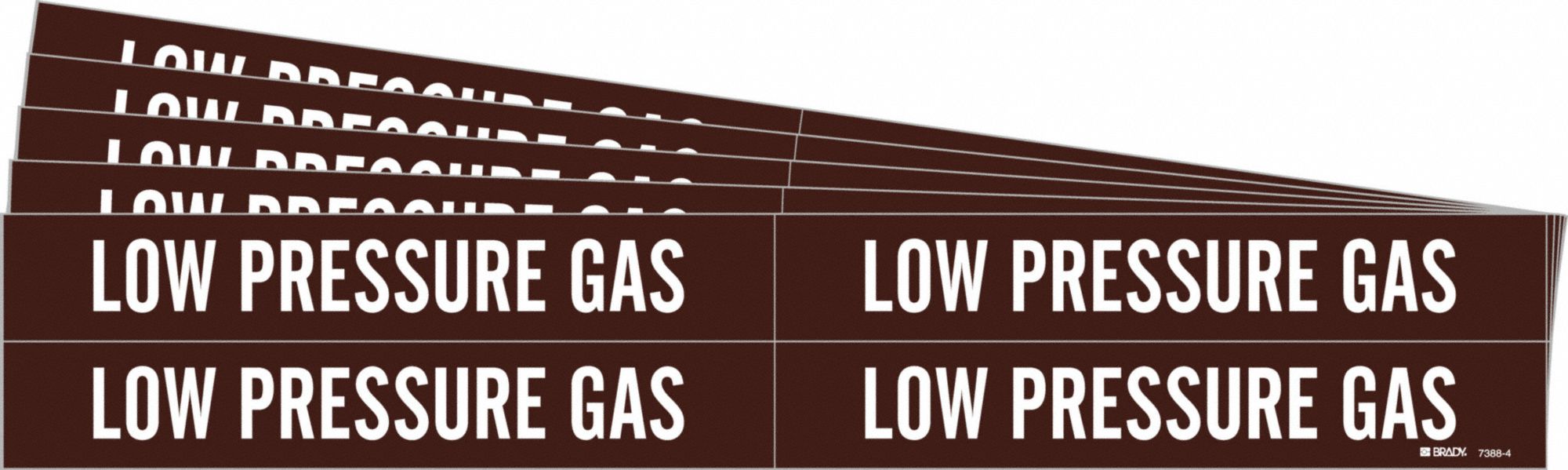 Pipe Marker: Low Pressure Gas, Brown, White, Fits 3/4 to 2 3/8 in Pipe O.D., 4 Pipe Markers, 5 PK