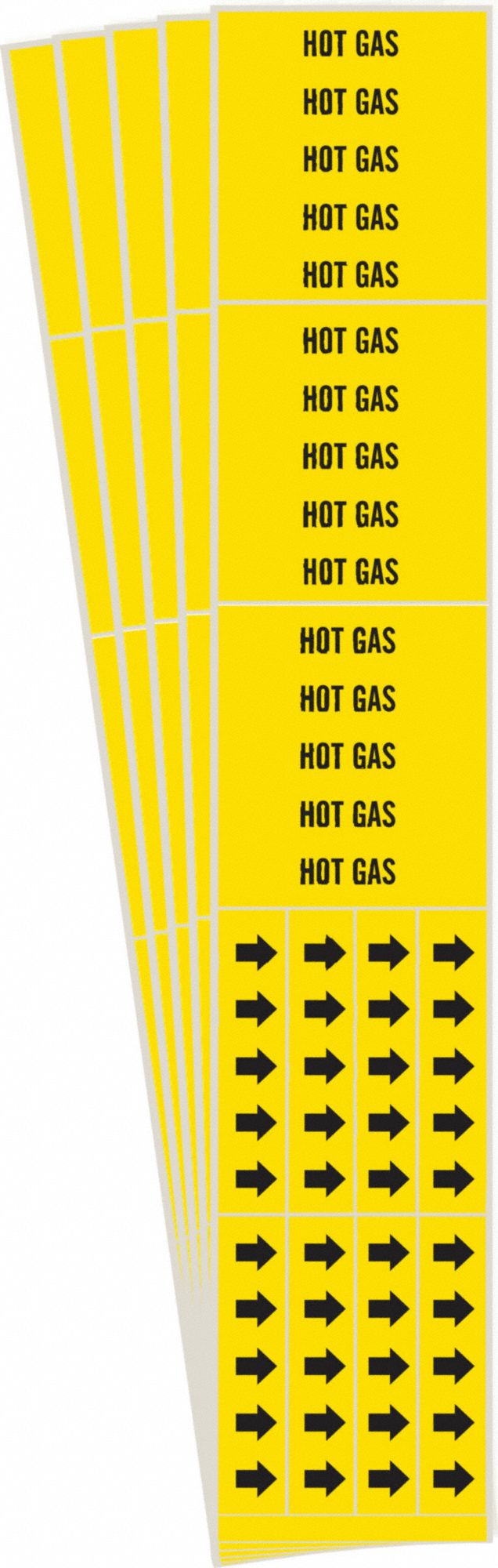 Pipe Marker: Hot Gas, Yellow, Black, Fits 3/4 in and Smaller Pipe O.D., 3 Pipe Markers, 5 PK