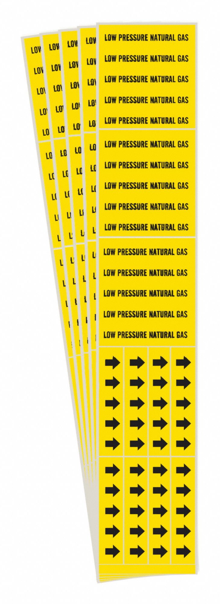 Pipe Marker: Low Pressure Natural Gas, Yellow, Black, Fits 3/4 in and Smaller Pipe O.D., 5 PK
