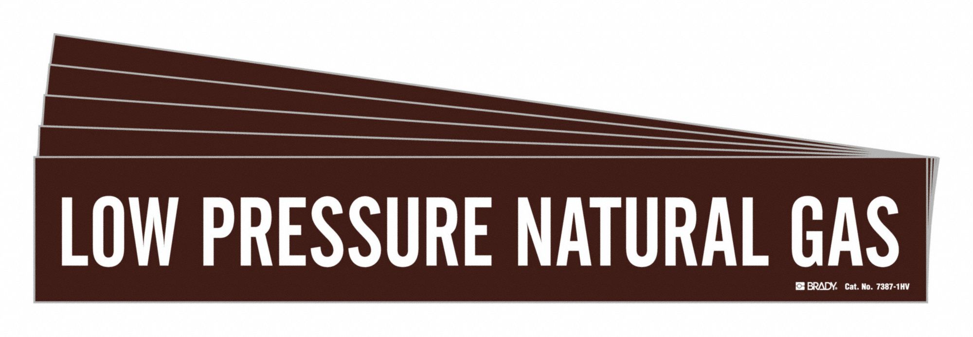 Pipe Marker: Low Pressure Natural Gas, Brown, White, Fits 8 in and Larger Pipe O.D., 5 PK