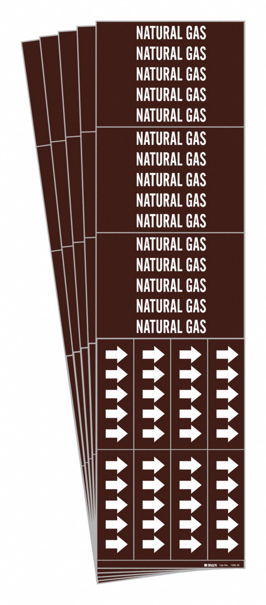 Pipe Marker: Natural Gas, Brown, White, Fits 3/4 in and Smaller Pipe O.D., 3 Pipe Markers, 5 PK