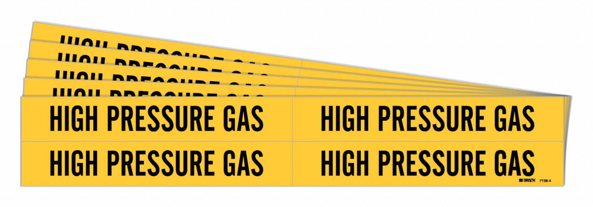 Pipe Marker: High Pressure Gas, Yellow, Black, Fits 3/4 to 2 3/8 in Pipe O.D., 4 Pipe Markers, 5 PK