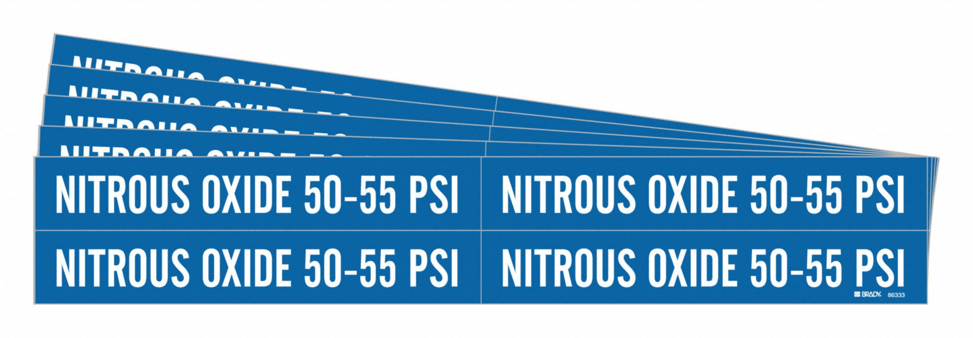 Pipe Marker: Nitrous Oxide 50-55 PSI, Blue, White, Fits 3/4 to 2 3/8 in Pipe O.D., 5 PK