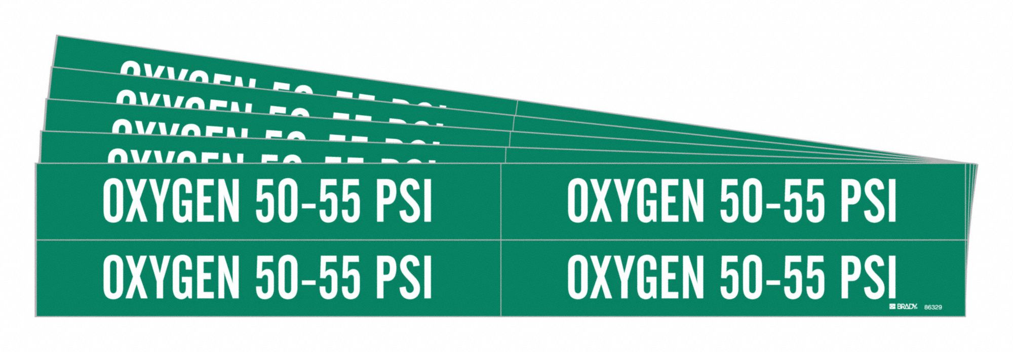 Pipe Marker: Oxygen 50-55 PSI, Green, White, Fits 3/4 to 2 3/8 in Pipe O.D., 4 Pipe Markers, 5 PK