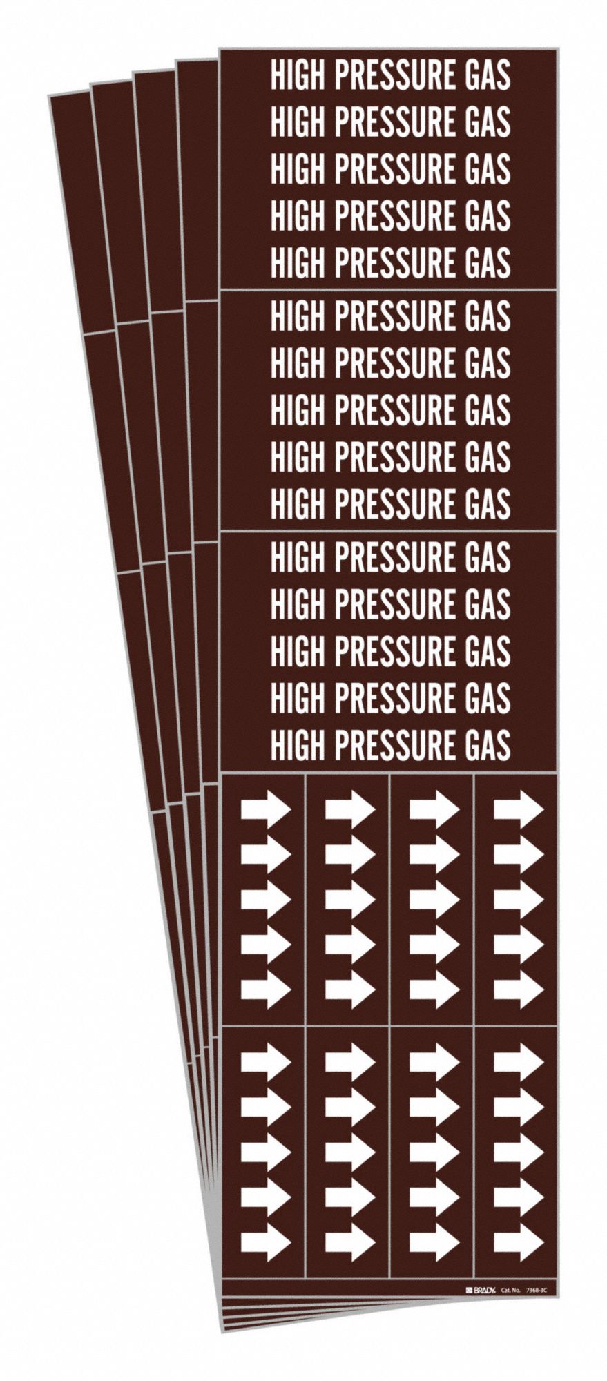 Pipe Marker: High Pressure Gas, Brown, White, Fits 3/4 in and Smaller Pipe O.D., With Arrows, 5 PK
