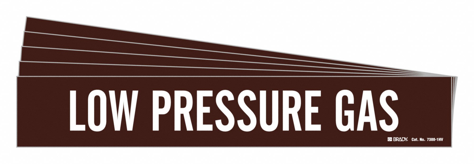 Pipe Marker: Low Pressure Gas, Brown, White, Fits 8 in and Larger Pipe O.D., 1 Pipe Markers, 5 PK