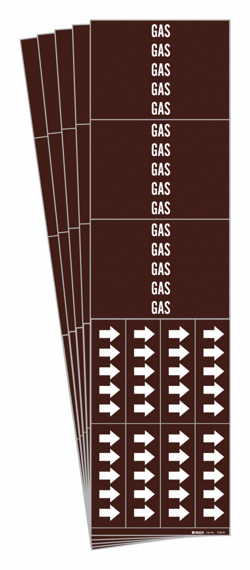 Pipe Marker: Gas, Brown, White, Fits 3/4 in and Smaller Pipe O.D., 3 Pipe Markers, With Arrows, 5 PK