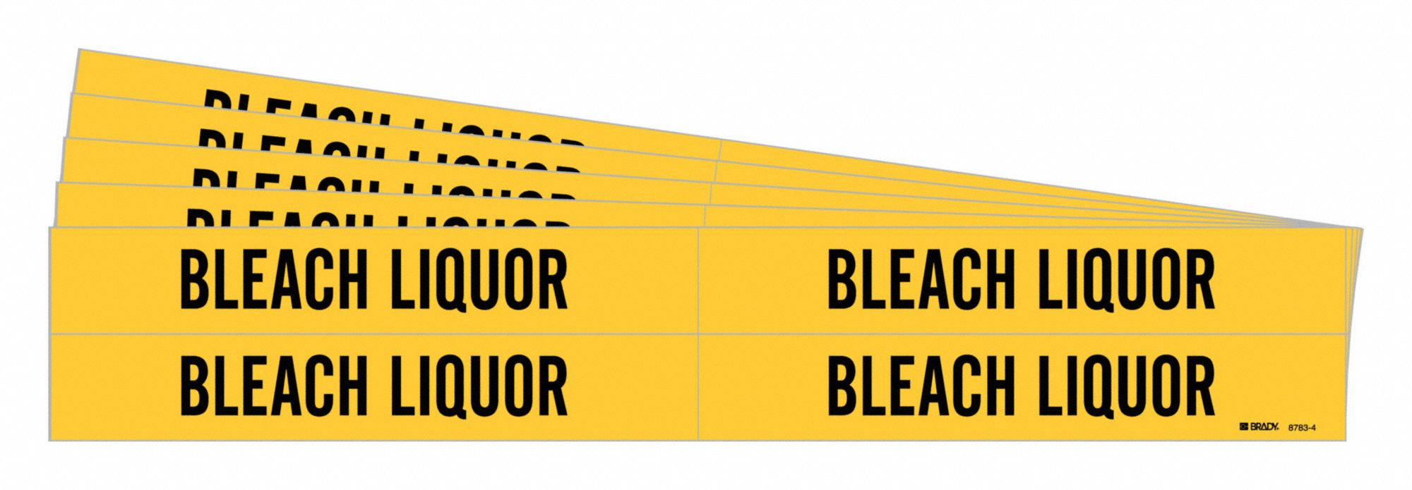 Pipe Marker: Bleach Liquor, Yellow, Black, Fits 3/4 to 2 3/8 in Pipe O.D., 4 Pipe Markers, 5 PK