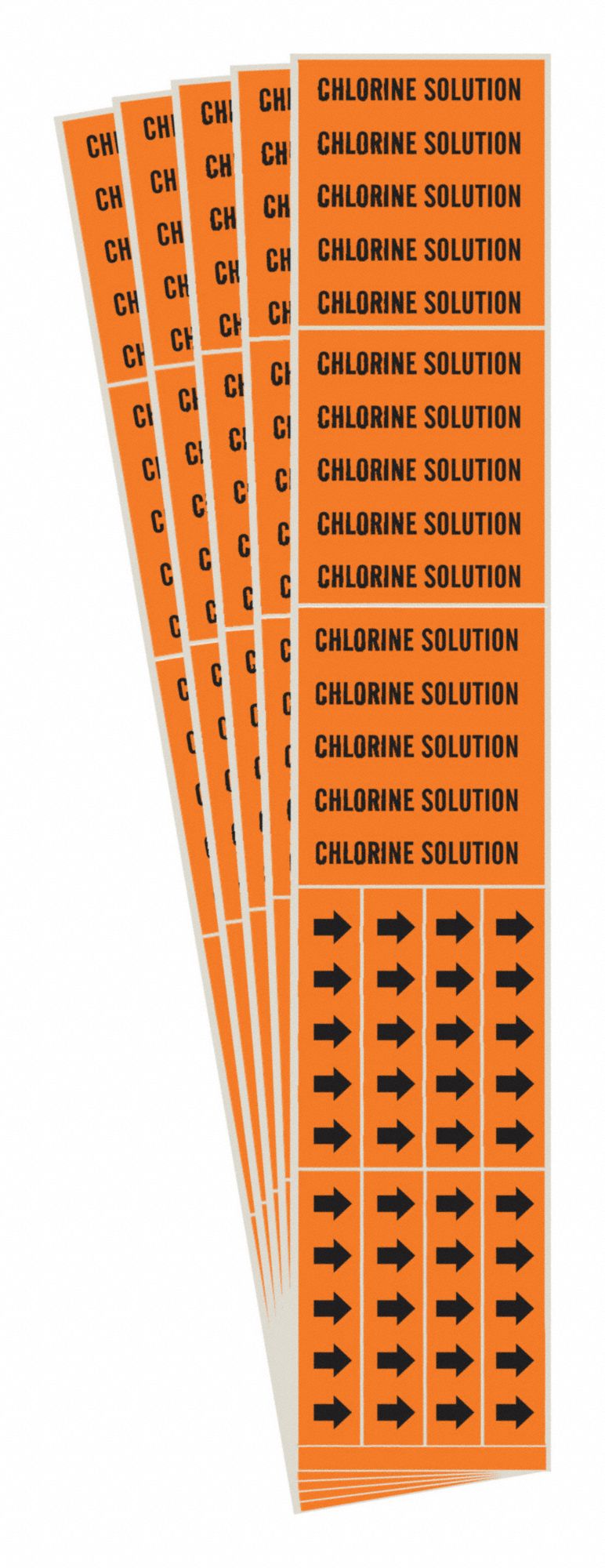 Pipe Marker: Chlorine Solution, Orange, Black, Fits 3/4 in and Smaller Pipe O.D., With Arrows, 5 PK