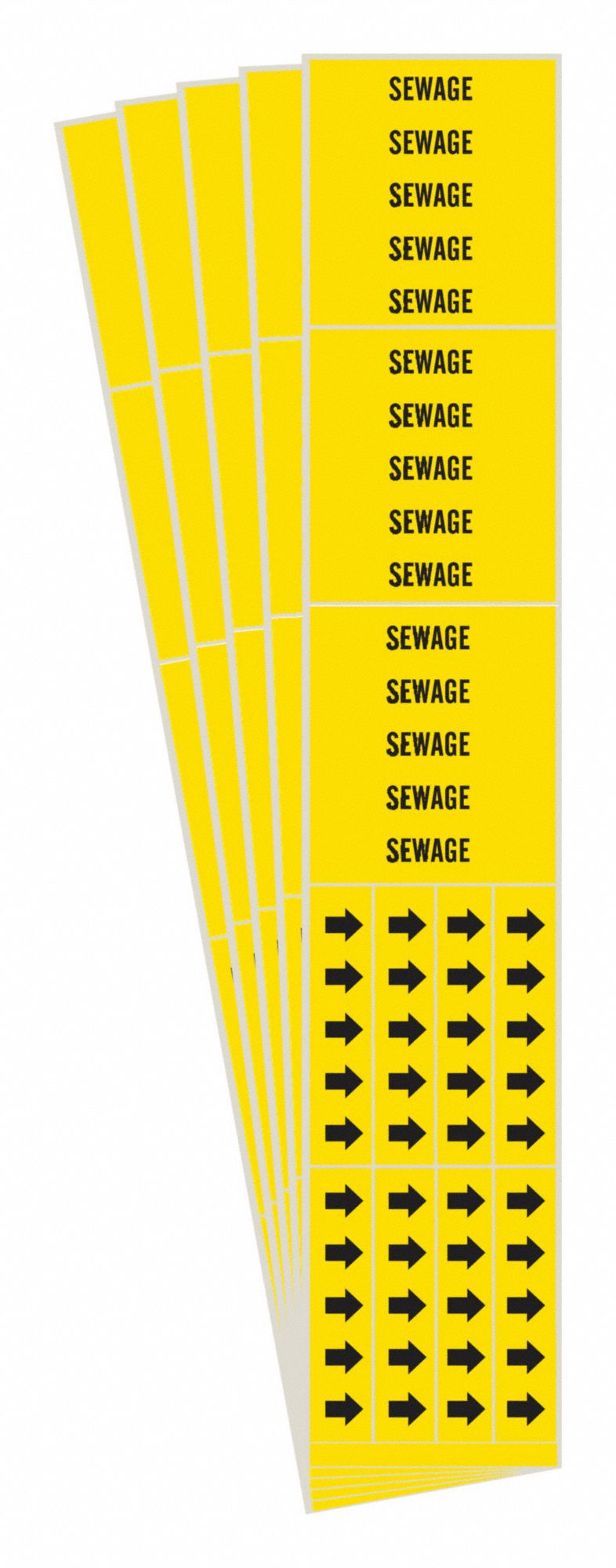Pipe Marker: Sewage, Yellow, Black, Fits 3/4 in and Smaller Pipe O.D., 3 Pipe Markers, 5 PK