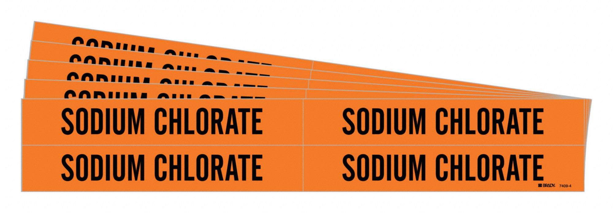 Pipe Marker: Sodium Chlorate, Orange, Black, Fits 3/4 to 2 3/8 in Pipe O.D., 4 Pipe Markers, 5 PK