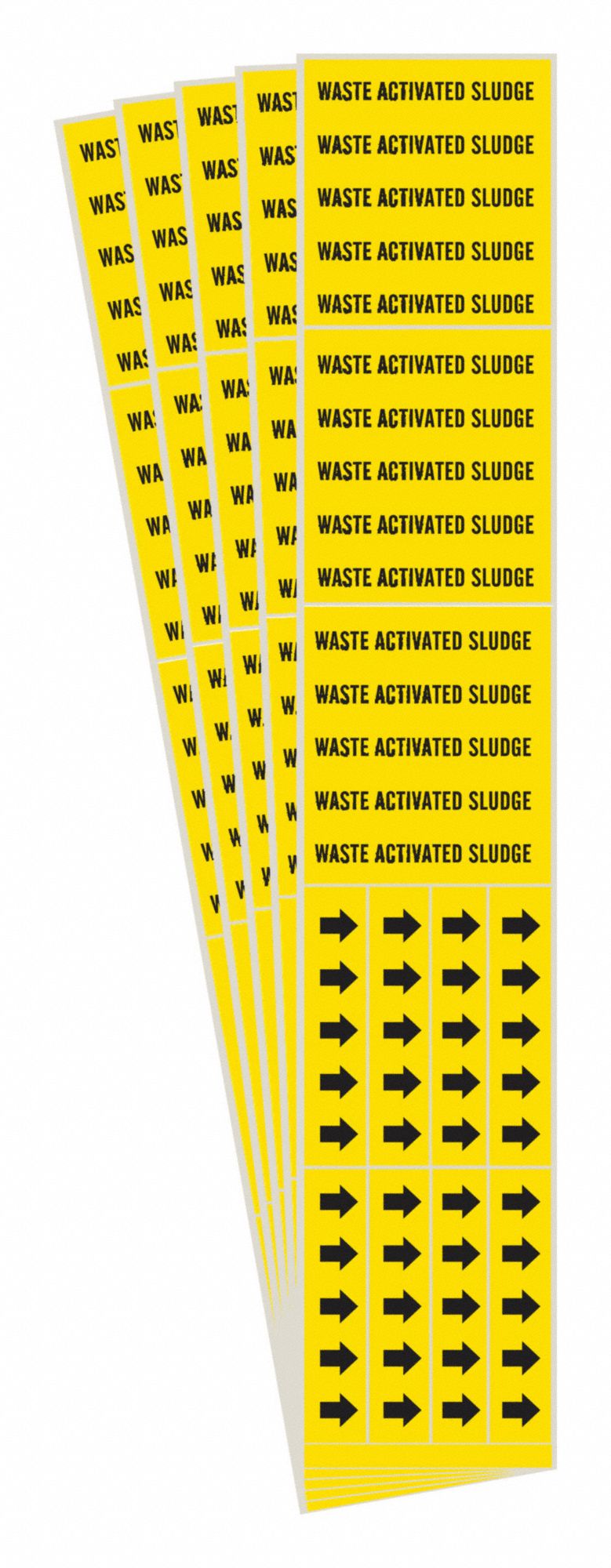 Pipe Marker: Waste Activated Sludge, Yellow, Black, Fits 3/4 in and Smaller Pipe O.D., 5 PK