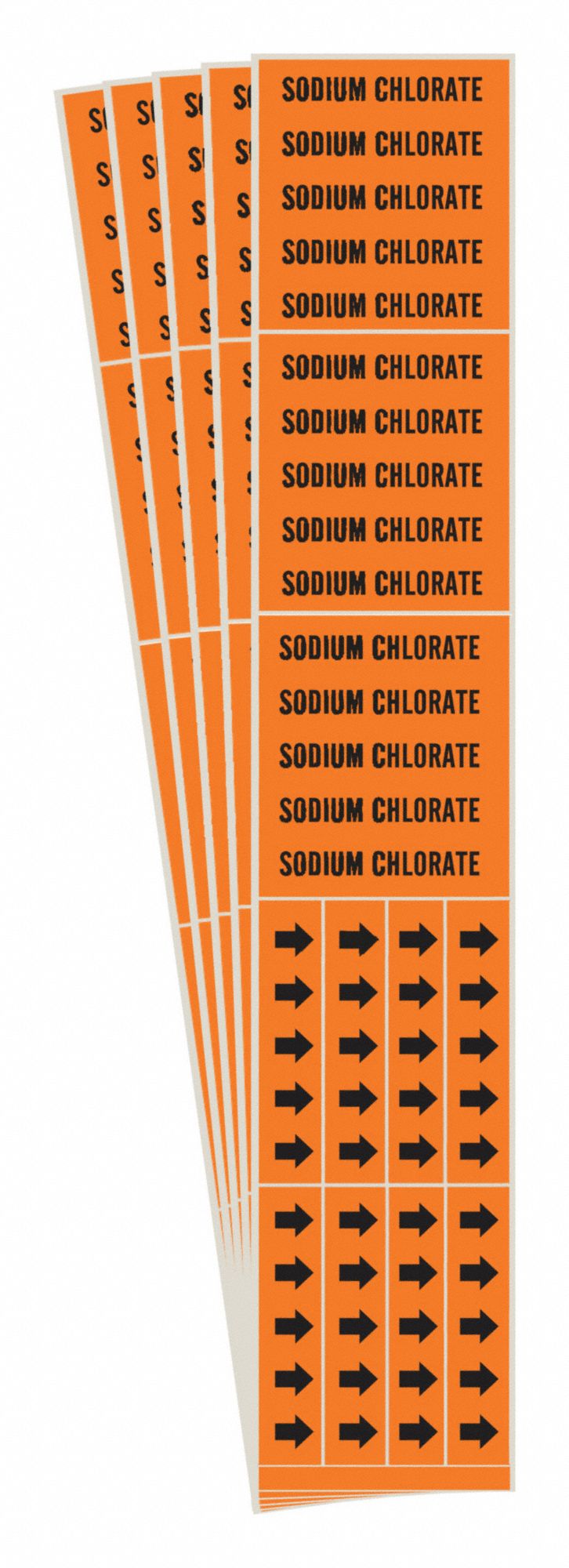 Pipe Marker: Sodium Chlorate, Orange, Black, Fits 3/4 in and Smaller Pipe O.D., 3 Pipe Markers, 5 PK