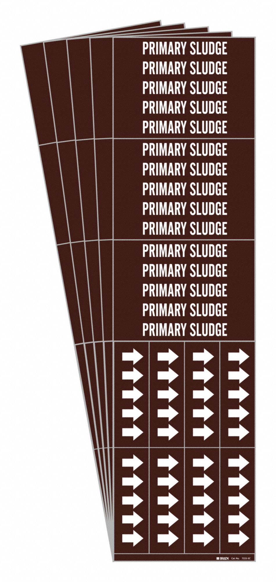 Pipe Marker: Primary Sludge, Brown, White, Fits 3/4 in and Smaller Pipe O.D., 3 Pipe Markers, 5 PK