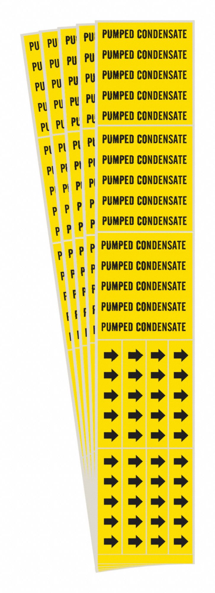 Pipe Marker: Pumped Condensate, Yellow, Black, Fits 3/4 in and Smaller Pipe O.D., With Arrows, 5 PK