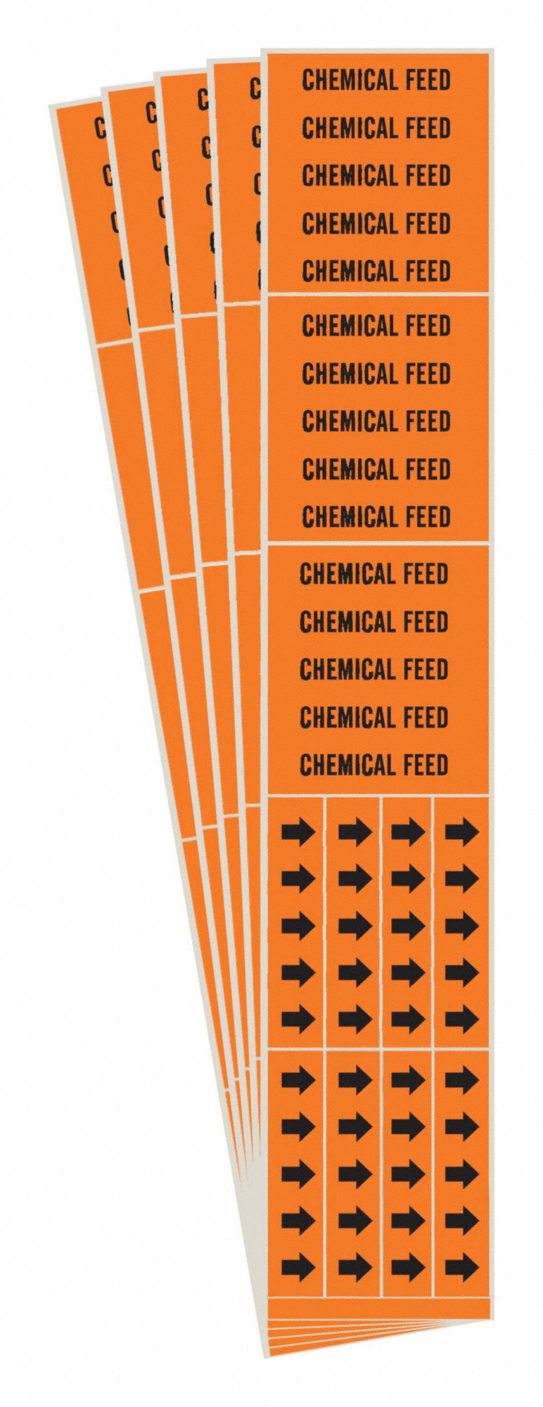 Pipe Marker: Chemical Feed, Orange, Black, Fits 3/4 in and Smaller Pipe O.D., 3 Pipe Markers, 5 PK