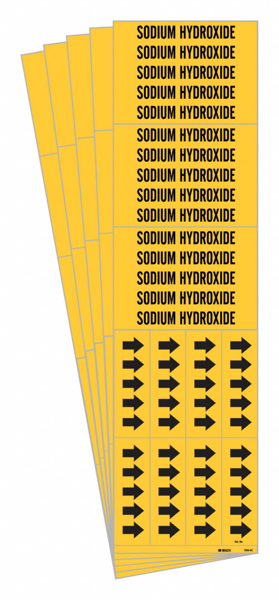Pipe Marker: Sodium Hydroxide, Yellow, Black, Fits 3/4 in and Smaller Pipe O.D., With Arrows, 5 PK