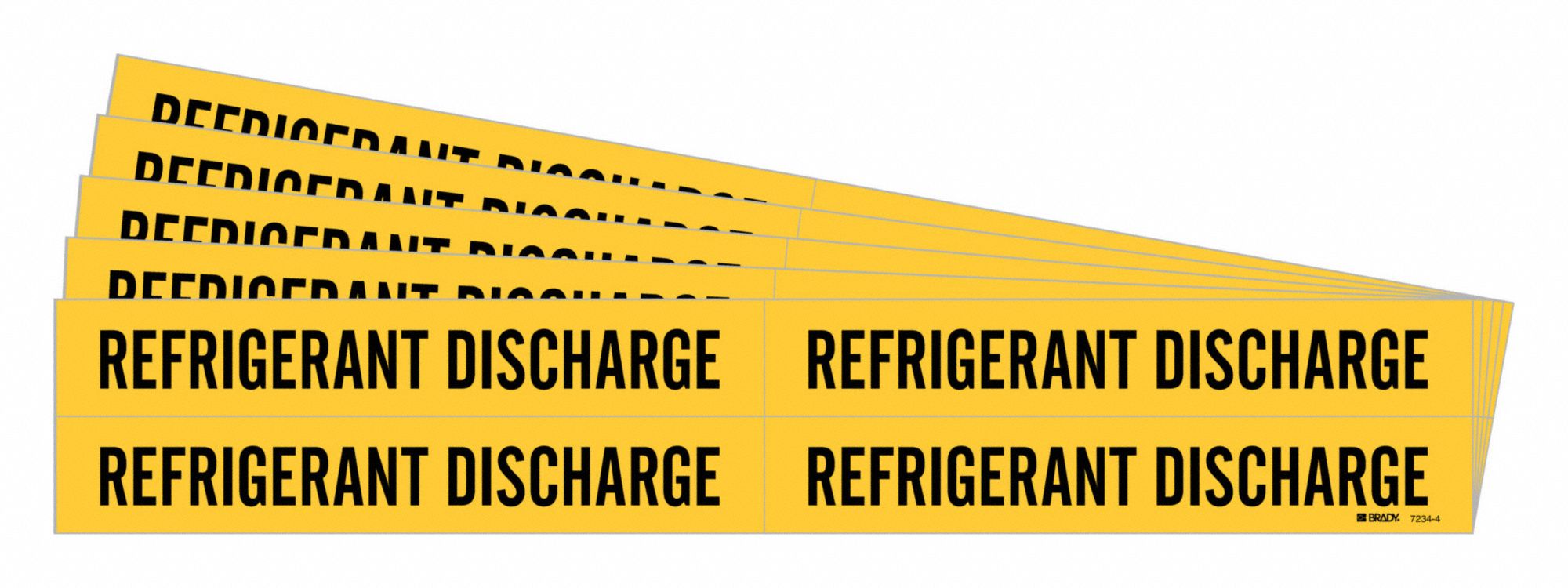 Pipe Marker: Refrigerant Discharge, Yellow, Black, Fits 3/4 to 2 3/8 in Pipe O.D., 5 PK